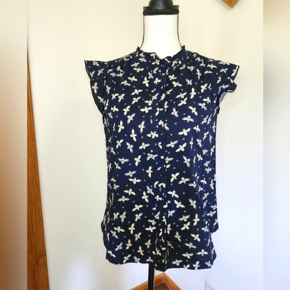 LOFT Navy Blue Bee Print Button Down Shirt - Picture 1 of 6